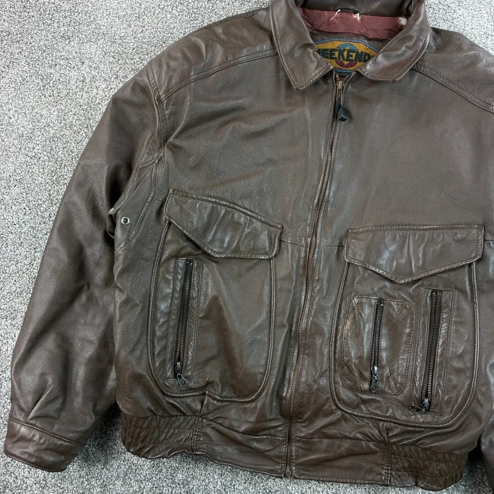 Vintage Weekends Bomber Jacket Mens XL Brown Leather Multi Pocket Utility Flight